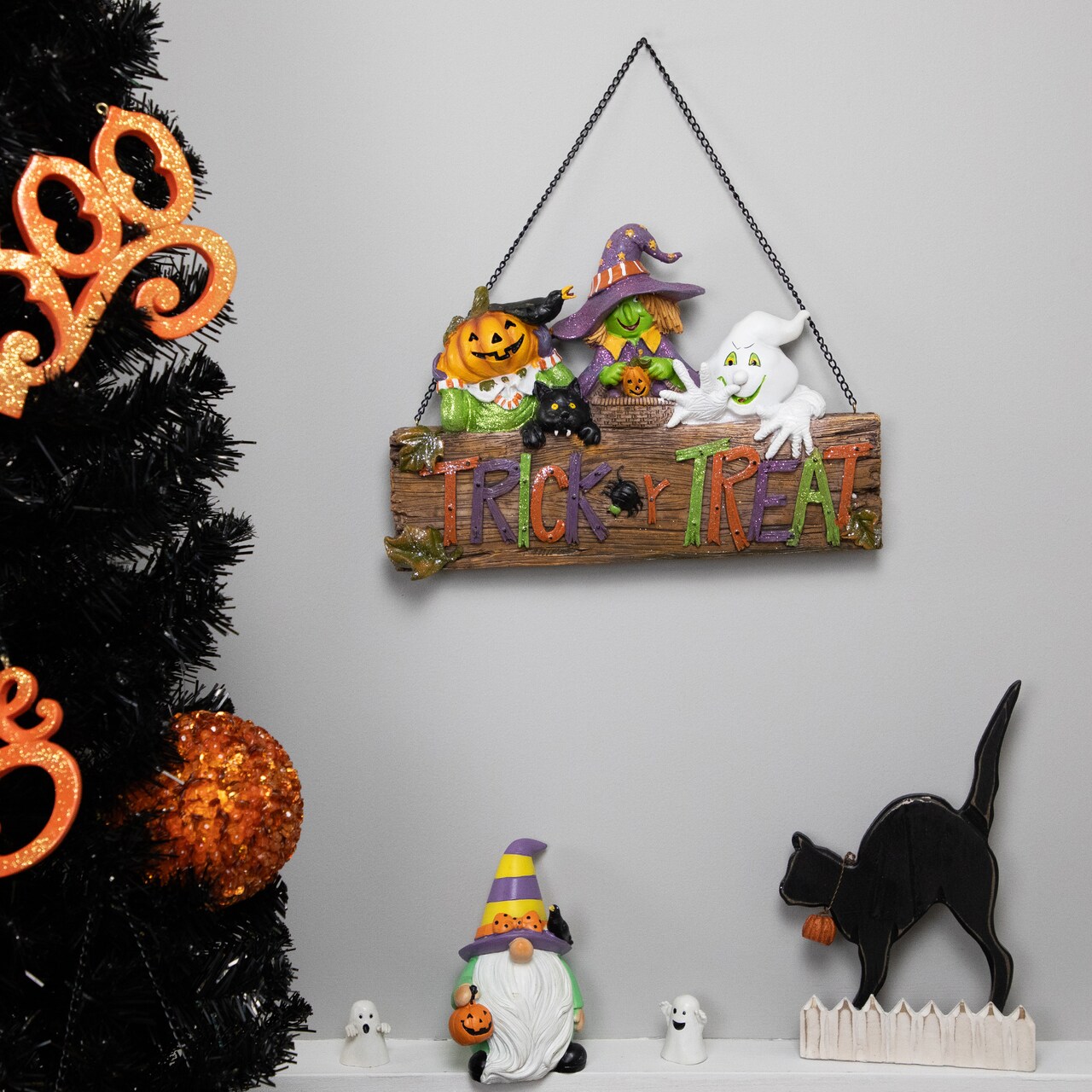 Northlight Trick or Treat Jack O' Lantern Ghost and Witch Halloween Wall Sign - 13.5"